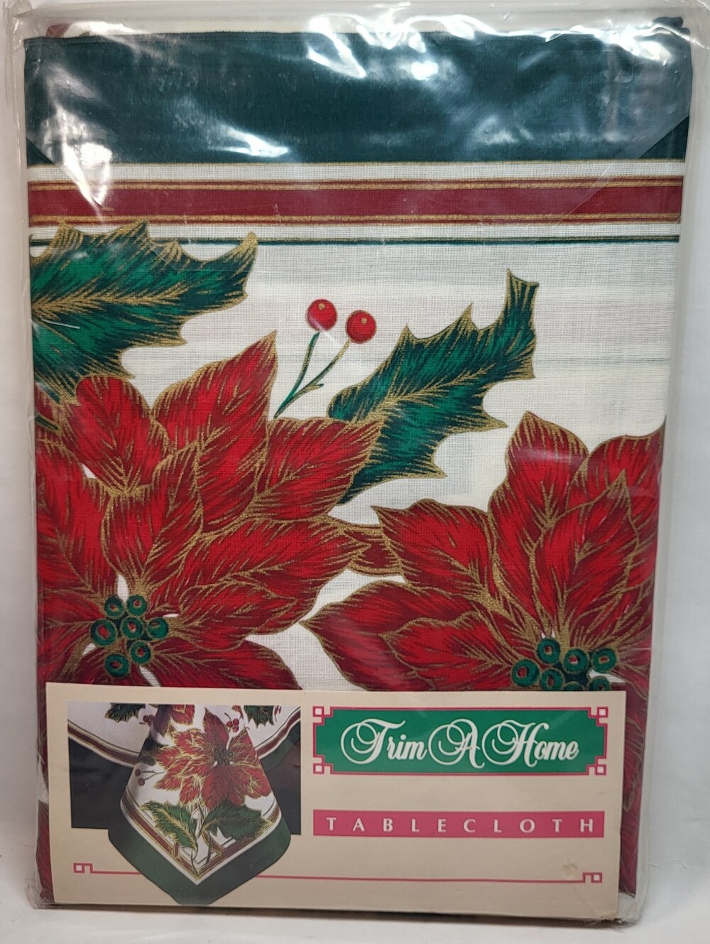 Trim A Home Christmas TABLECLOTH Poinsettia Woven Cotton Cloth 60x84 Obl Vtg NOS